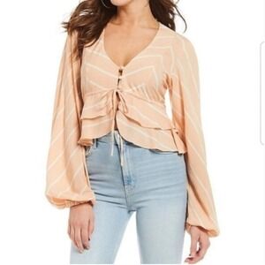 Free People Peach White Chevron Stripe Ruffle Crop Top Long Sleeve Size Medium